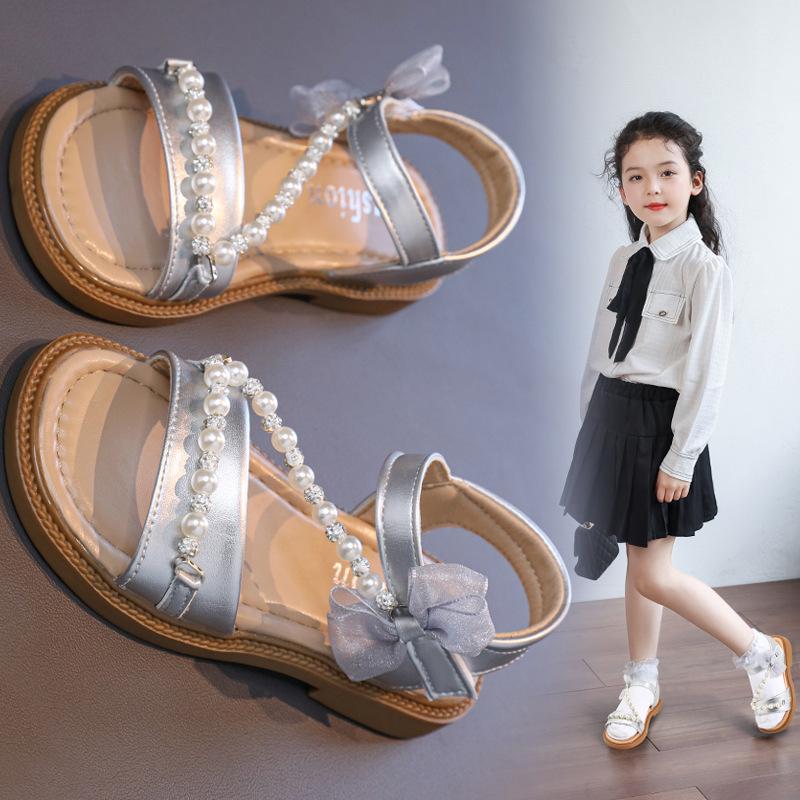 Mädchen Sandalen Offene Zehen mit Süßen Perlen Kinder Strandschuhe Offene Zehen Rutschfest 2025 Sommer Neu Kinder Prinzessin Schuhe Spitze Schleifen