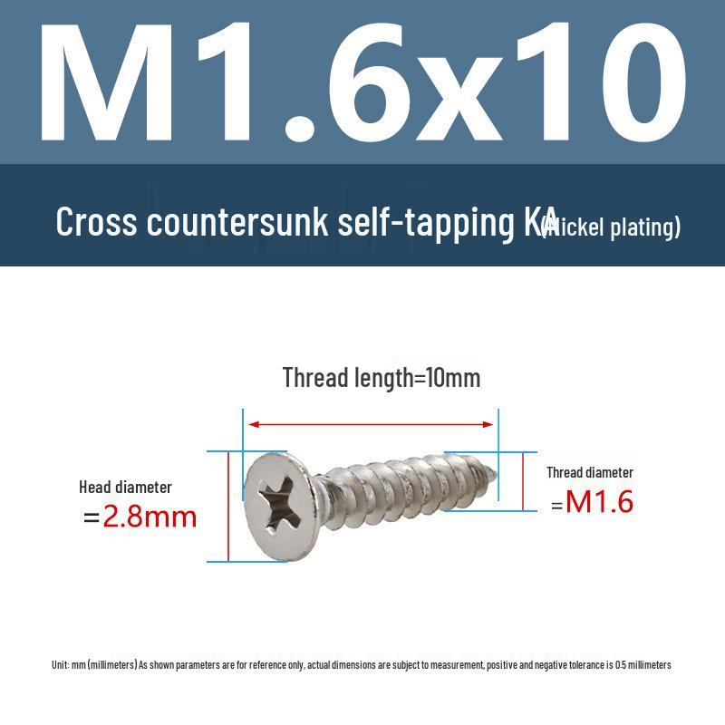 YiguYigu Nickel-Plated Phillips Flat Head Self-Tapping Screws M1-M5, Carbon Steel