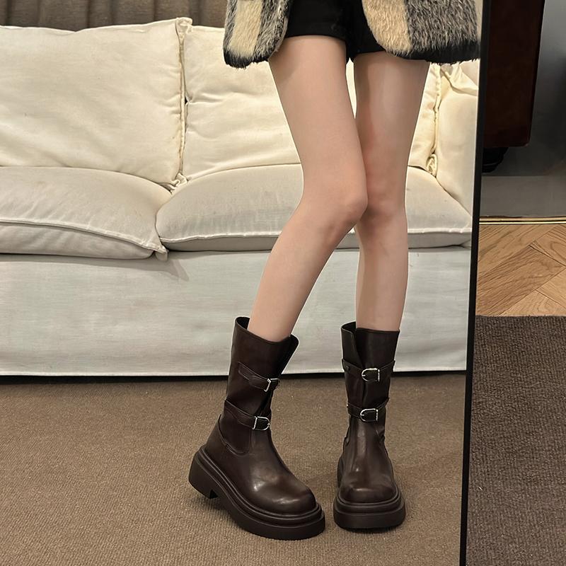 Fashion Winter Double Buckle Decoration 2024 Hot Sale New Women's Boots Fashion Round Toe Wear Resistant Shoes for Women Botines Mujer