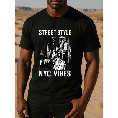 Europäische Größen Retro Reise New York Skyline Herren Bedrucktes Kurzarmhemd, Normal geschnitten Schweißabsorbierendes und Schnelltrocknendes Sport-T-Shirt
