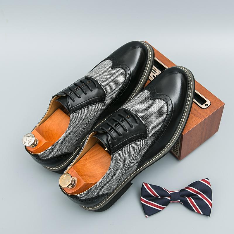 Fashion Brand New Men Comfortable Pointed Carving Leather Shoes Spring Fashion Versatile Business Lace Block Color Blocked Leather Shoes