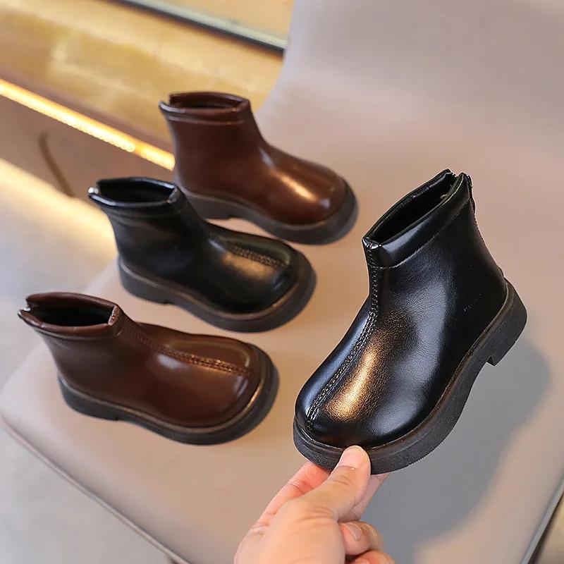 Kids Ankle Boots Retro British Style 2024 Winter New Fashion Boys Girls Short Boots Non-slip Children Leather Boots Soild Color