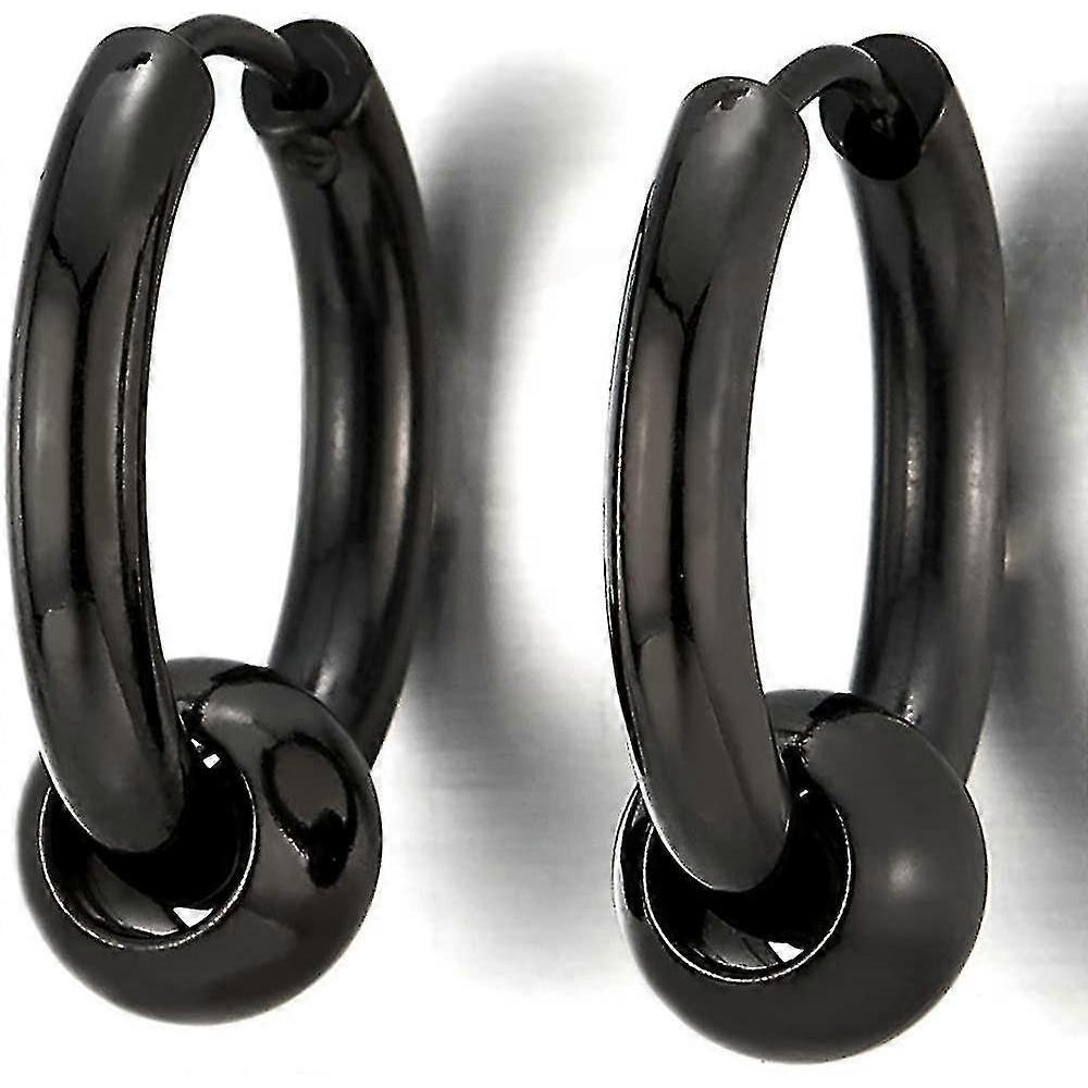 Stainless Steel Black Circle Beads Huggie Hinged Hoop Earrings F