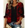 Women's Rust Red Botanical Print Tie Neck Blouse, Casual Loose Tops for Spring Summer Daily Wear & Vacation Occasions