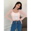 Women's V Neck Long Sleeve Mesh Knit Crop Top Loose Fit Sweet Fresh Cardigan Sheer Blouse