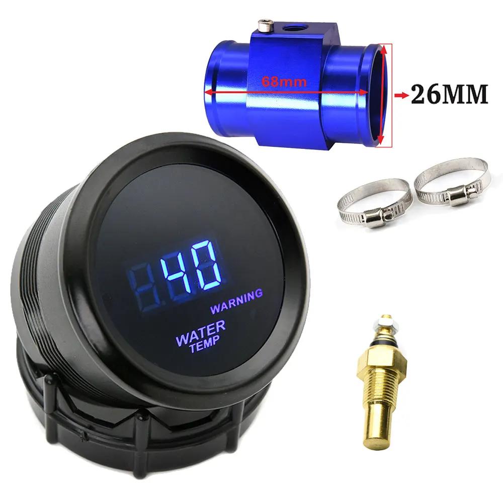52mm Wassertemperaturanzeige Blaue LED-Beleuchtung mit 16mm-40mm Anschlussrohr-Adapter Schwarz/Blau mit Wassertemperatur 1/8NPT Sensor