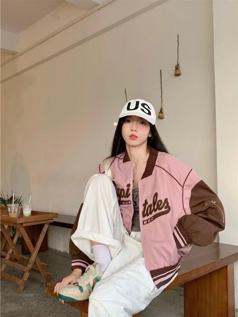 Plus Size Pink Retro Baseball Jacket for Petite Women - Spring & Autumn