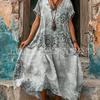 European and American women's blue retro ethnic style printing loose long dress polyester comfortable casual slim short sleeves