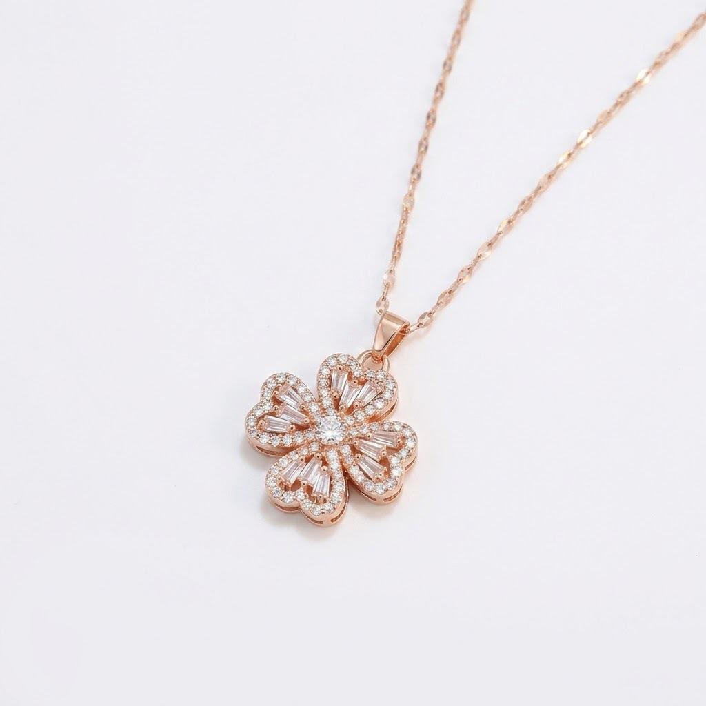 Korean Style Rotating Clover and Heart Pendant Necklace with Titanium Steel Chain