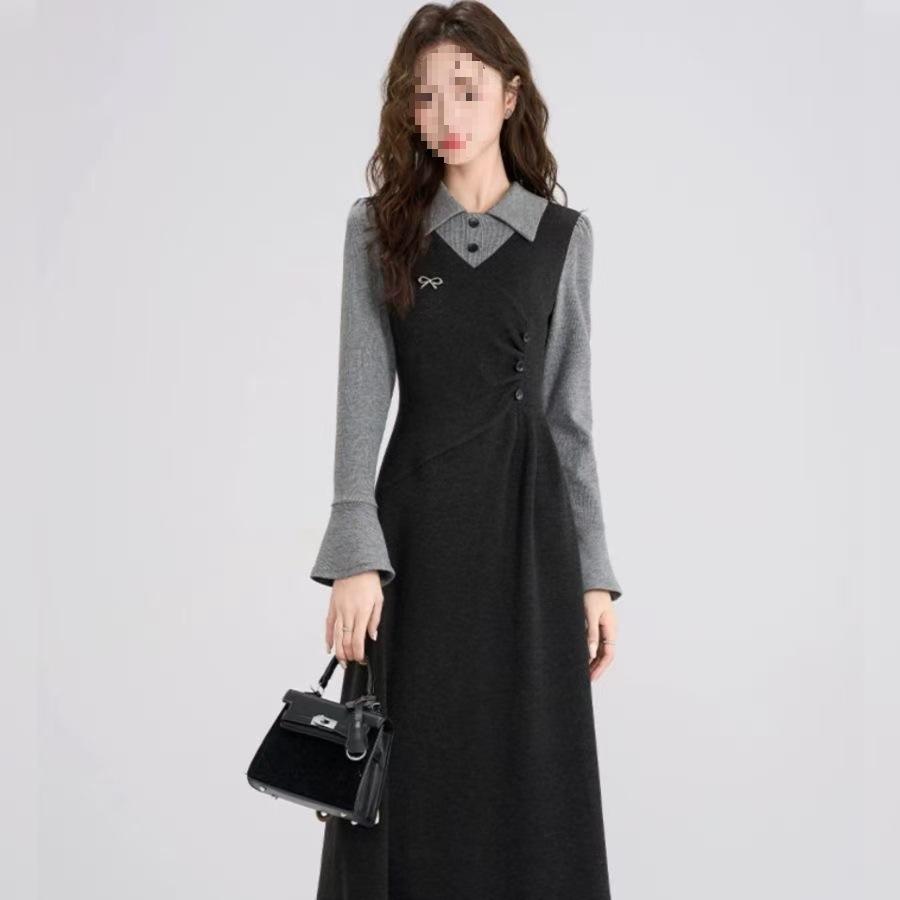 Spring new large size fat mm fake two-piece trendy French retro dress, thin women's black long skirt