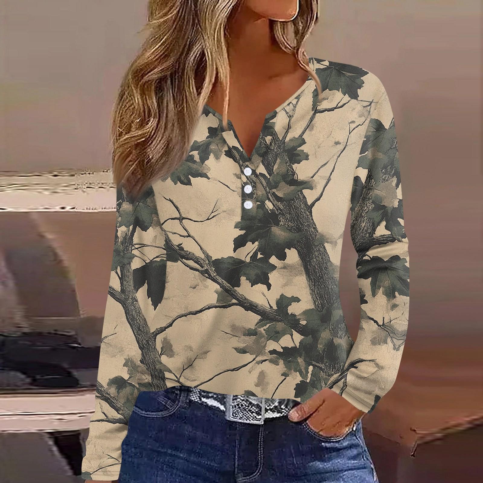 Жен Футболка Футболка С принтом Пуговицы Длинный рукав Повседневные Выходные Мода Классический V-образный вырез Обычный Верх M 1616₽