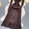 Autumn Winter Women Elegant Polo Collar Knitted Sweater Metal Button Long Maxi Split Pullover Dresses