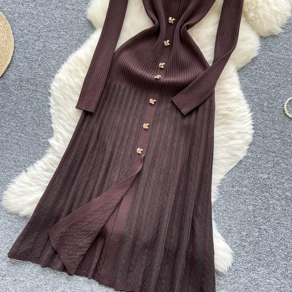 Autumn Winter Women Elegant Polo Collar Knitted Sweater Metal Button Long Maxi Split Pullover Dresses