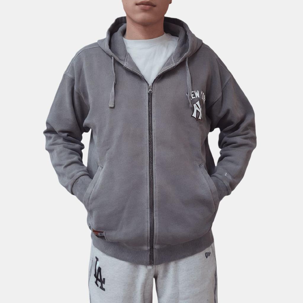 New Era MLB Logo Buchstabe Kapuzen-Reißverschluss-Cardigan Gewaschen Vintage Langarm Amerikanisches Sweatshirt Unisex Jacken Grau 13789213