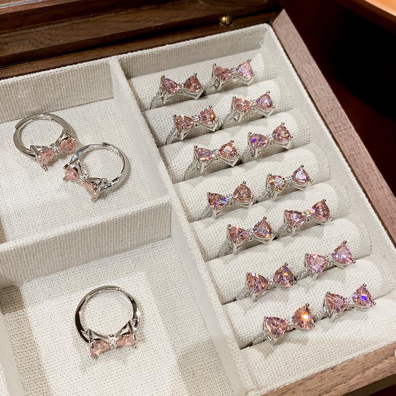 Women's S925 Silver Pink Diamond Bow Ring – Luxury Princess Band, Adjustable Open Index Finger Ring