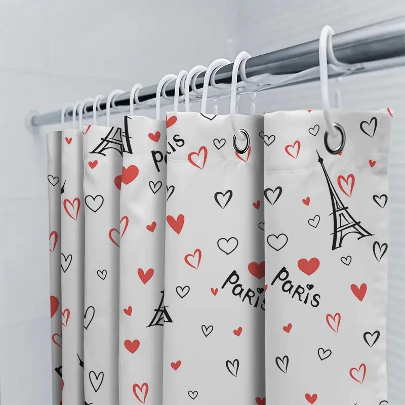 Fashionable Shower Curtain Featuring Iconic Eiffel Tower Design With Red Hearts Pattern For Romantic Paris Theme Decor In Bathro