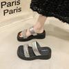 Thick-bottomed Slope Heel Rhinestone Outer Slippers Women's Summer New Versatile Square Head Open-toed Sandals
