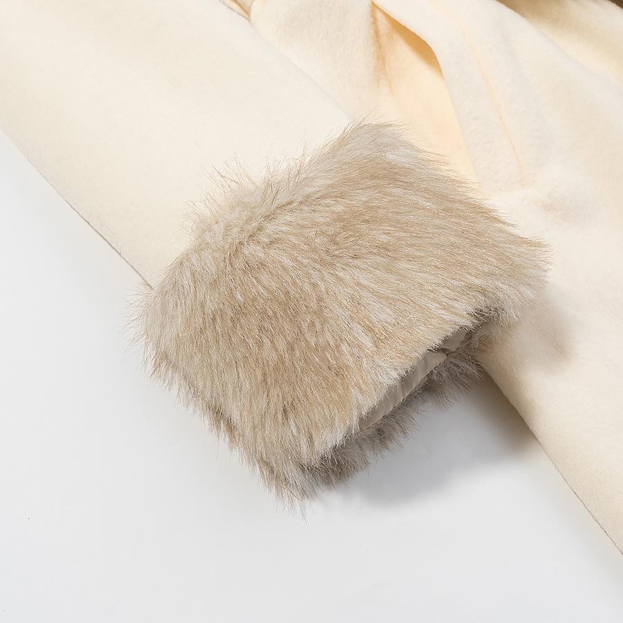 Women's Commuting Long Woolen Overcoat with Large Fur Collar and Belt