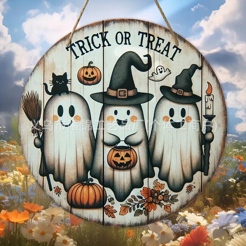 Halloween Bat Wings & Vampire Black Cat Door Hanger - Wooden Ghost Festival Front Door Decoration