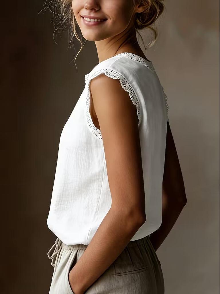 Women's European and American Style Sleeveless Lace Cotton-Linen Shirt, Spring/Summer 2026 Collection.