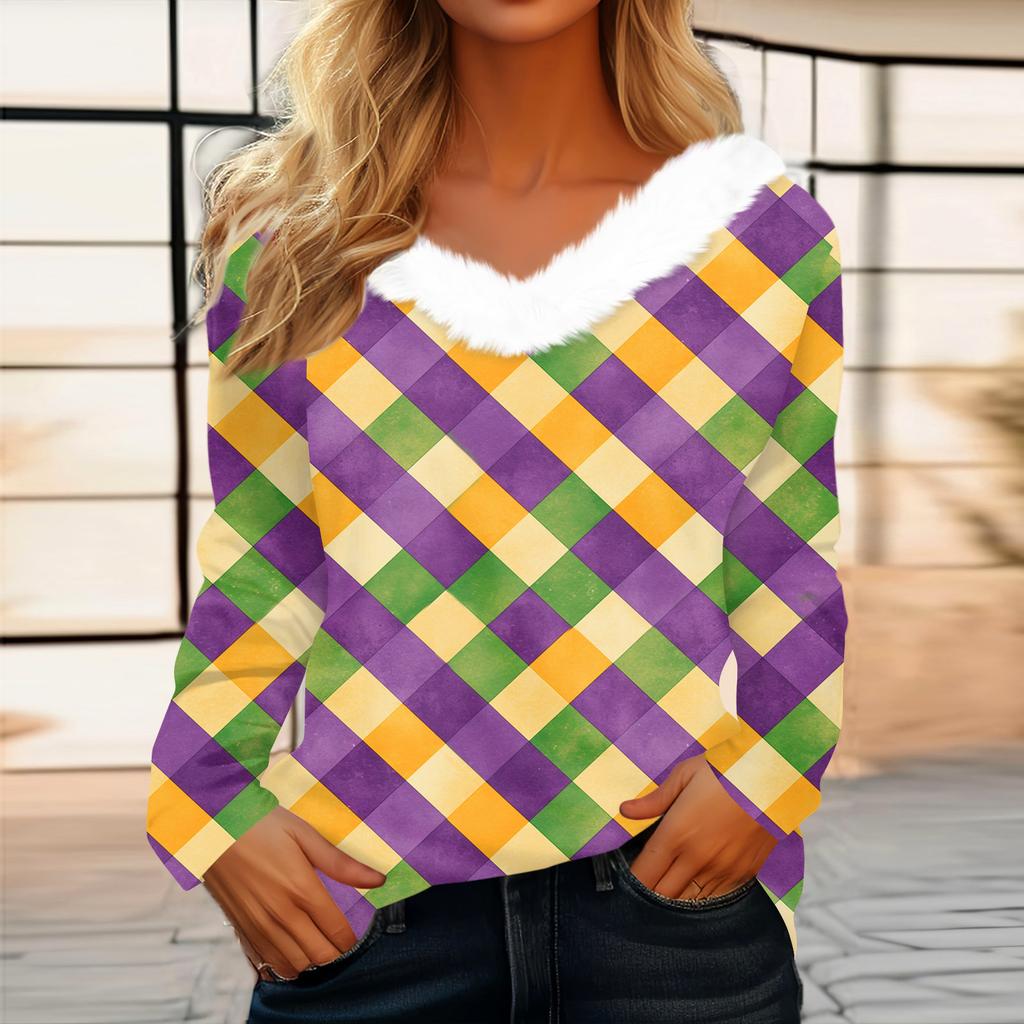 Dámský volný ležérní top s dlouhým rukávem a potiskem, plyšový límec ve tvaru V, top s dlouhým rukávem