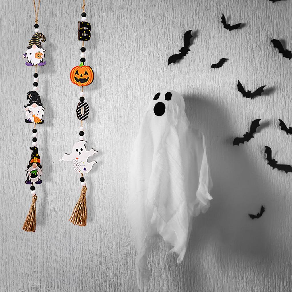 Ming Guan Wooden Halloween Sign: Ghost Festival Beaded String with Pumpkin & Bat Pendant for Home or Party Decor