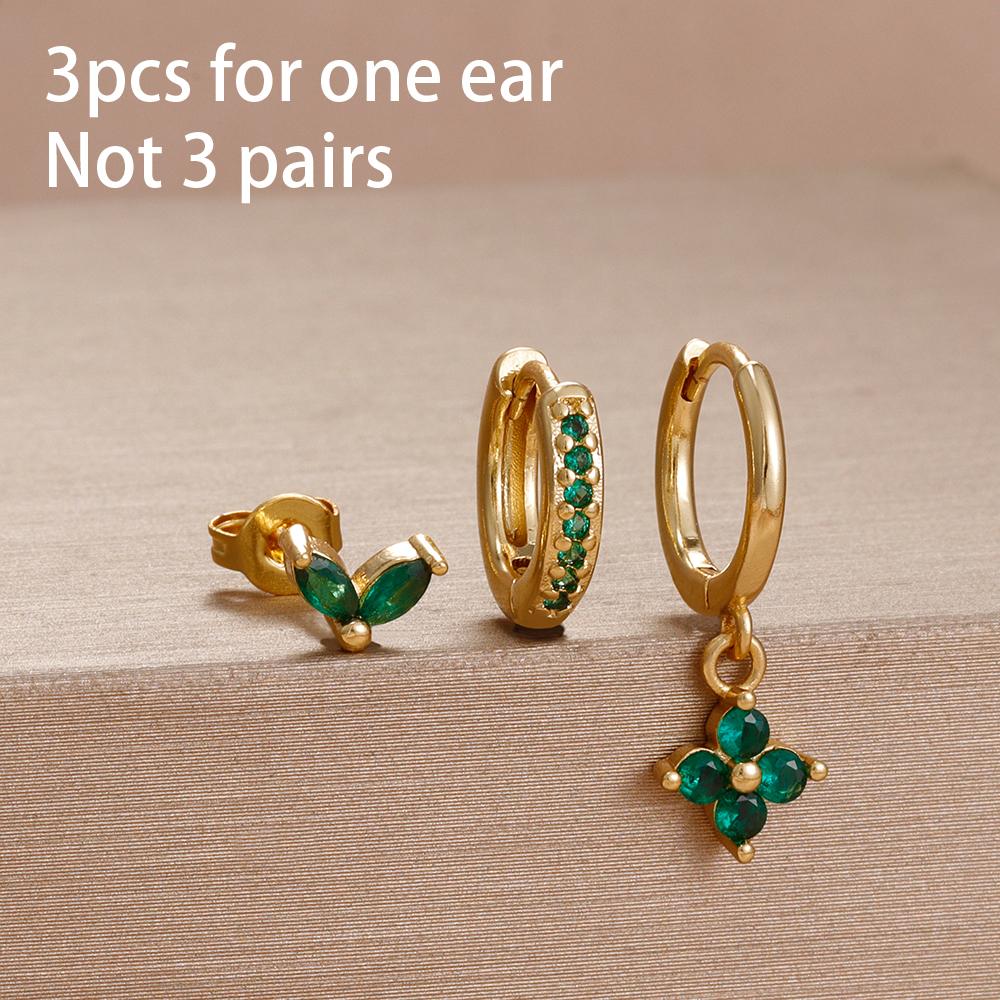 3PCS 12 Styles Green Cubic Zirconia Flower Pendant Earring Set For Women Stainless Steel Round U-Shape Hoop Earring Jewelry