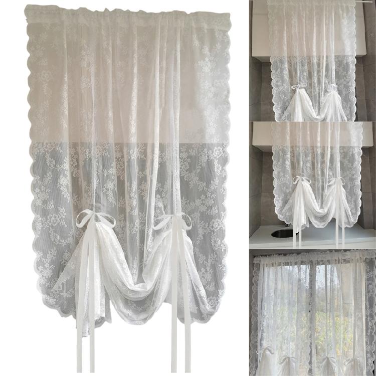 White Lace Voile Curtains with Florals Embroidery Pulling Curtain for Bedroom and Living Room 150cm