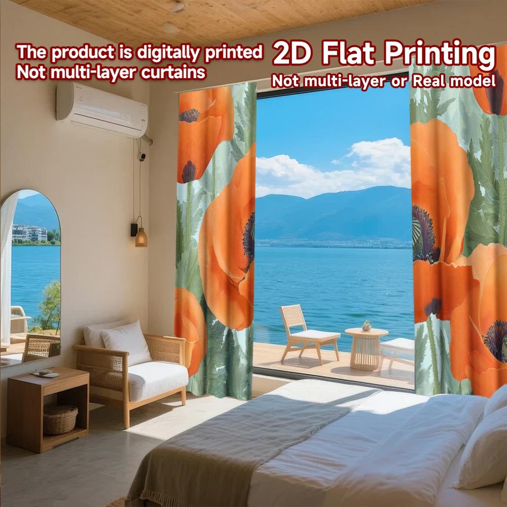 2D FLAT PRINTING 2pcs Curtains (Without Rod) Floral Poppy Design Ramadan holiday curtains with digital printing Versatile