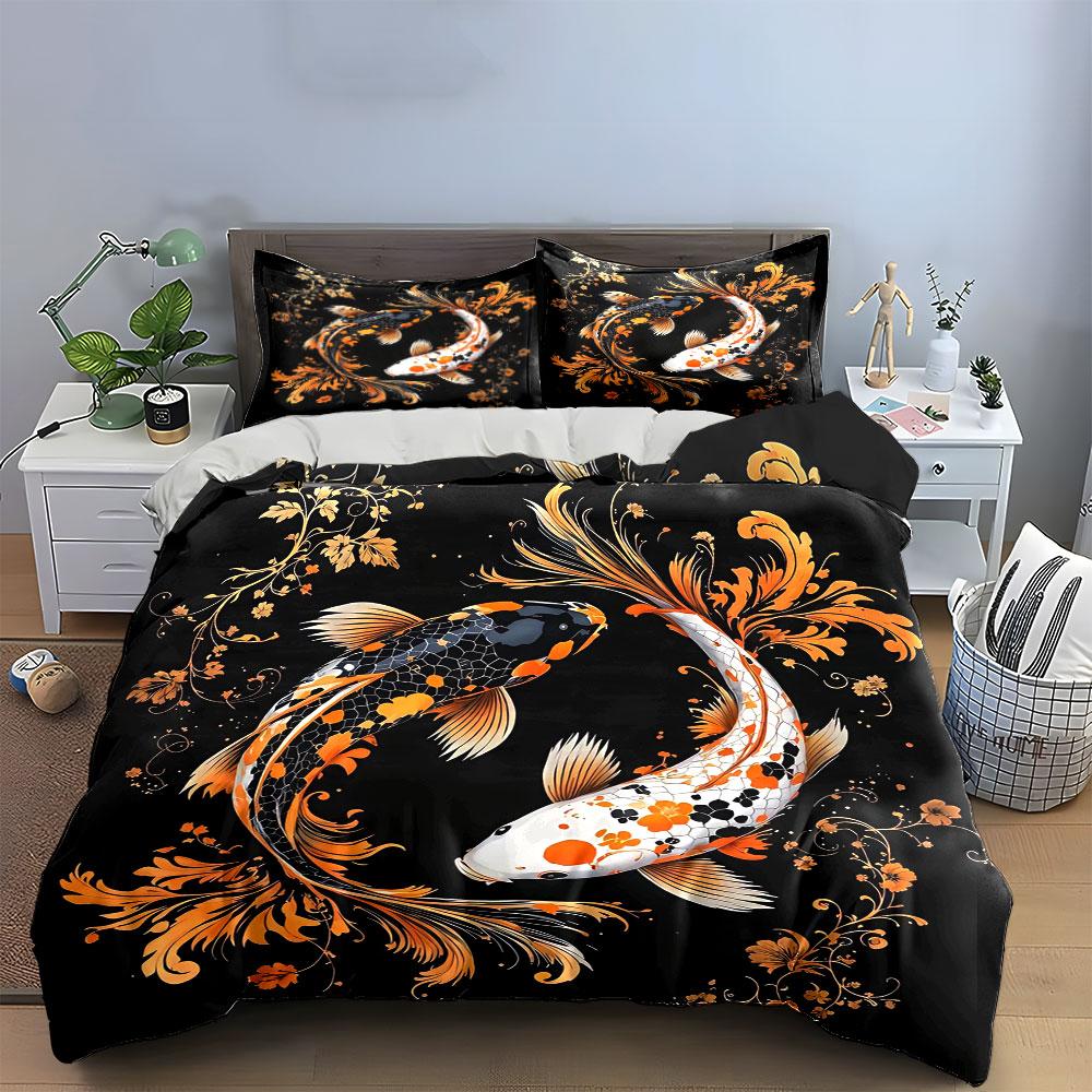Koi Fish Decorative Art Set Soft Comfortable Duvet Cover Bedding Set Included 1*Duvet Cover & 2*Pillowcases, Gift
