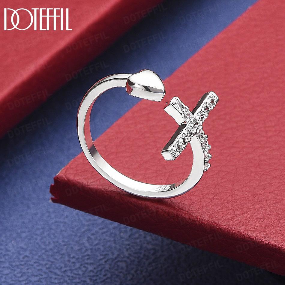 925 Sterling Silver AAA Zirconia Cross Heart Open Ring - Exquisite Banquet Ring Opening