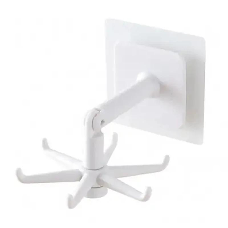 1/2PCS 360 Rotating Kitchen Hooks Folding Wall-Mounted Holder Multi-Purpose Hook Self-Adhesive Hook Utensil Rack with 6 Hooks