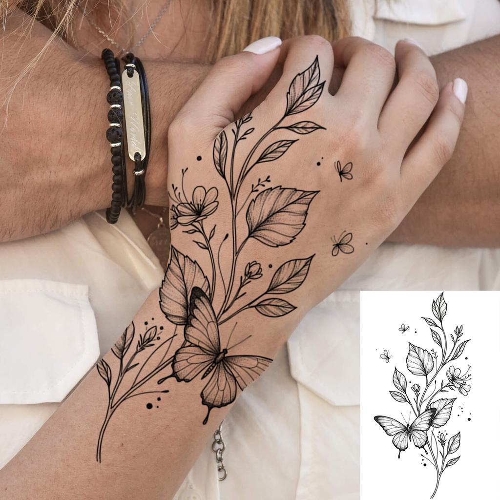 1 Foglio Rose Foglie a Falce Tatuaggi Temporanei Per Mani Collo Adulti, Adesivo Tatuaggio Finto Impermeabile Lunga Durata Realistico