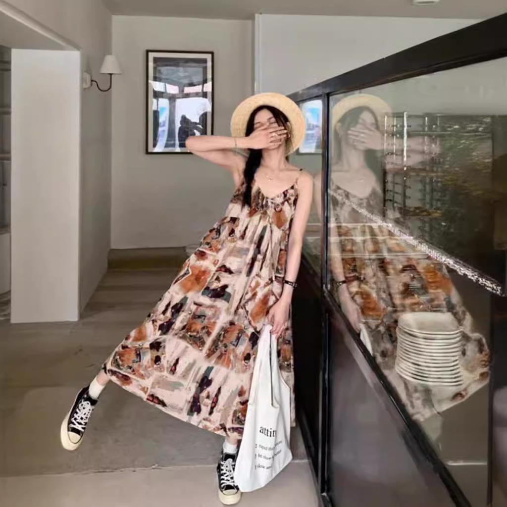 Holiday Style Splicing Printing Suspender Dress Women's Summer New Design Sense Niche Loose and Thin Long Dress