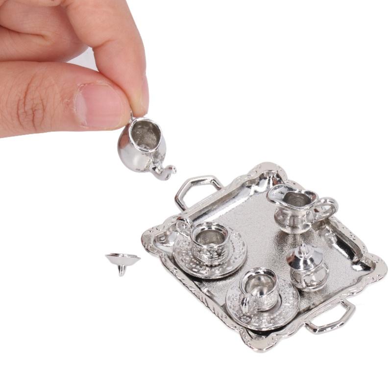 Mini Tea Set Metal 1/12 Scaled Simulation Lifelike Miniature Tea Cup Tray Kit For Dollhouse