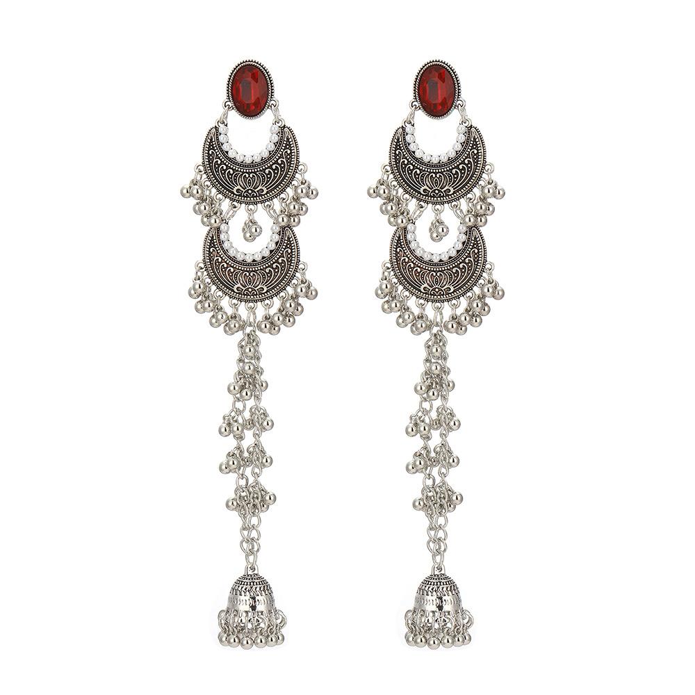 Vintage Bohemian Ethnic Style Bell Beaded Drop Long Tassel Dangle Earrings for Women
