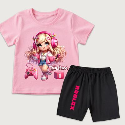 Modisches Cartoon Roblox Mädchen Süß Bedrucktes Kinder T-Shirt und Shorts 2-teiliges Set Sommer Lässiges Outfit für Jungen und Mädchen Kinderkleidung