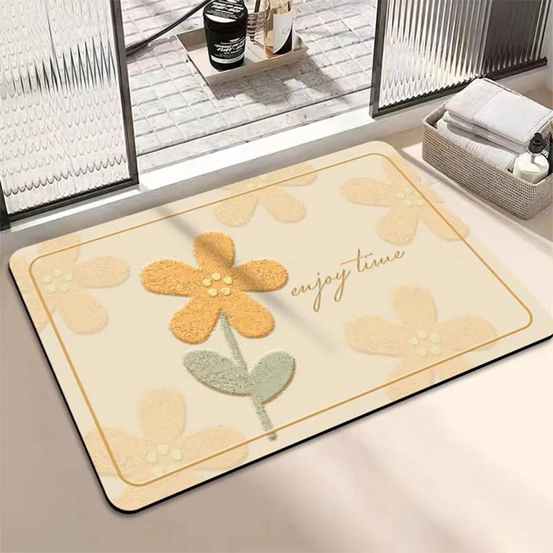 Bathroom Diatom Mud Absorbent Mat Household Fresh Flower Anti-Slip Easy Scrub Mat Bedroom Bedside Bathroom Door Mat