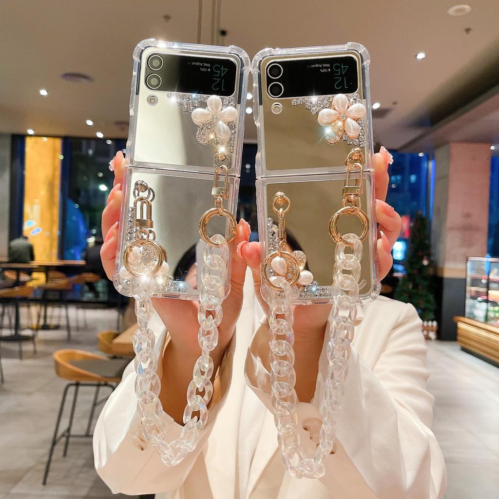 Applicable To Samsung Zflip4 Mobile Phone Case, Rhinestone Mirror Diagonal Flower Zflip3 Bracelet All-inclusive Women's Folding Protective Case