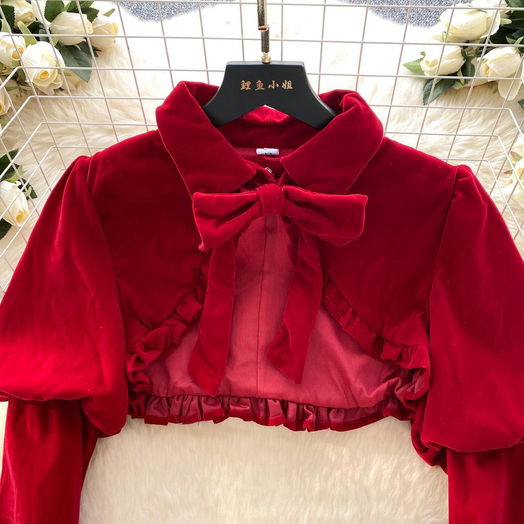 Red Sweet New Year Two Piece Set Women French Puff Sleeve Bow Short Coat + Velvet Suspender Bud Dress Suit Japanese Kawaii Ruched Design Sets