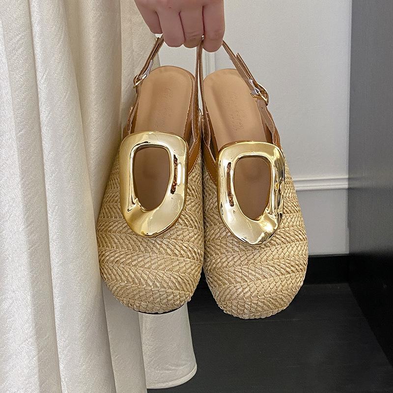 Niche personality design sense straw woven holiday wind bag head shoes women's rear tripple belt hollow slope heel half drag sandals