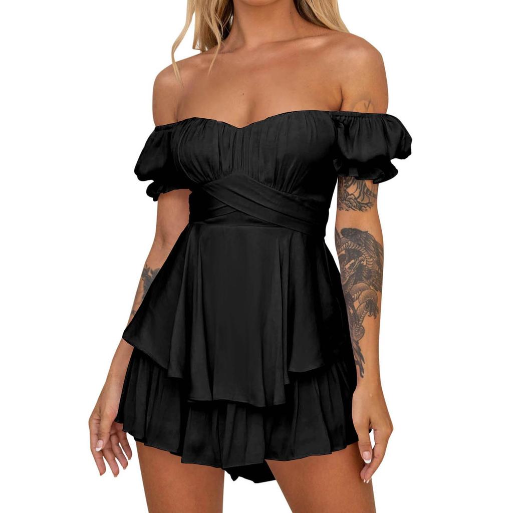 Sexy Women's Off Shoulder Solid Color Short Sleeved Pleated Layer Back Zip Short Jumpsuit