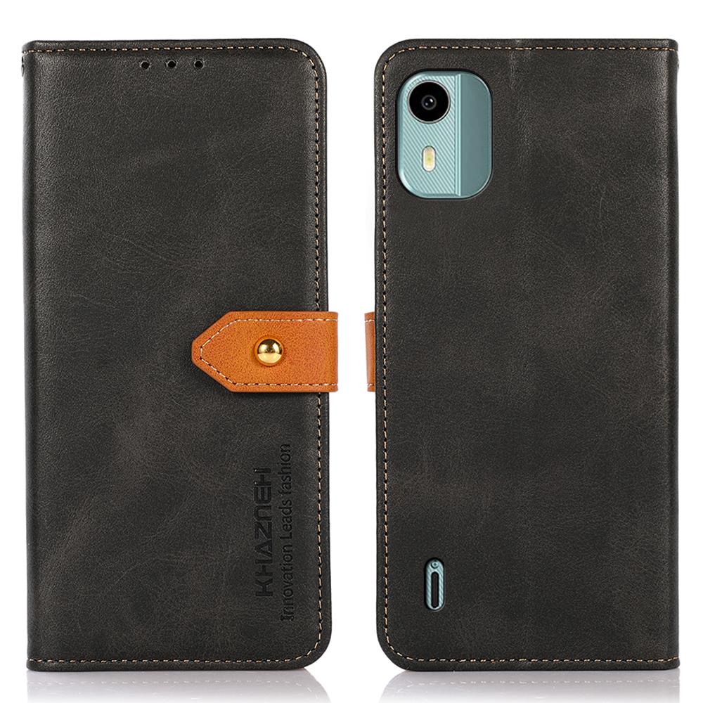 

KHAZNEH Для телефона Nokia C12 4G/C12 Plus/C12 Pro Кожаный чехол Золотая кнопка Магнитный чехол с подставкой Кошелек Black