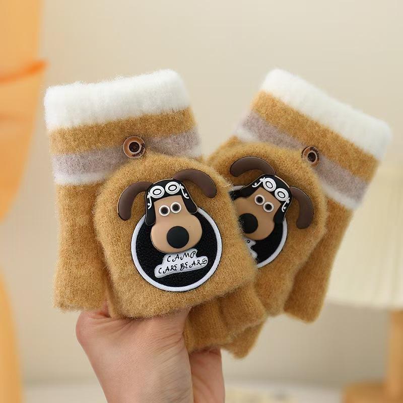 Children's gloves new autumn and winter baby cute warm thickened five-finger flip writing primary school students half-finger gloves