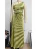 Elegant One-Shoulder Pleated Evening Dress with Waist Cutout - Spring/Summer Style