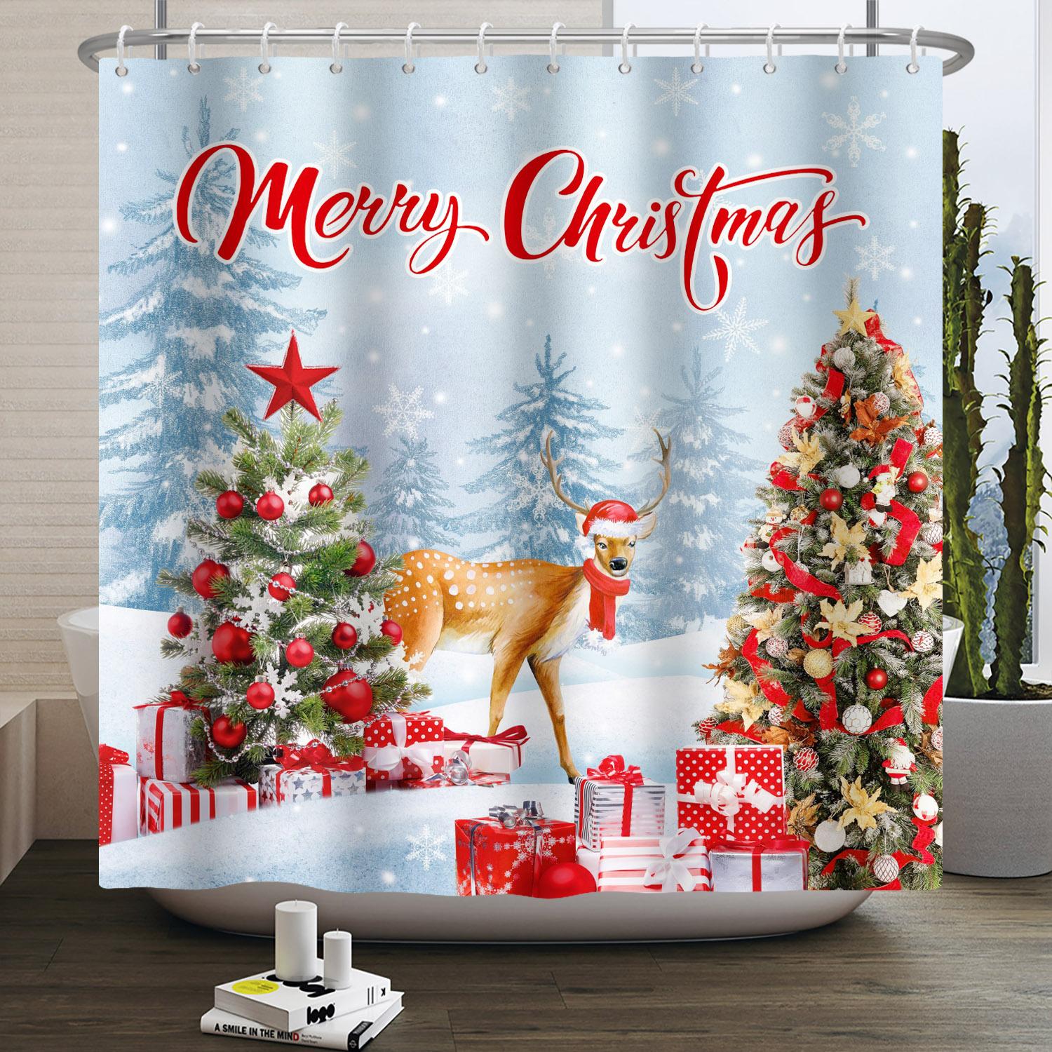 

Рождественская деревня Зимняя декоративная шторка для душа Рождественская елка Подарки Колокольчики Водонепроницаемая домашняя шторка для душа с крючками 90x180cm