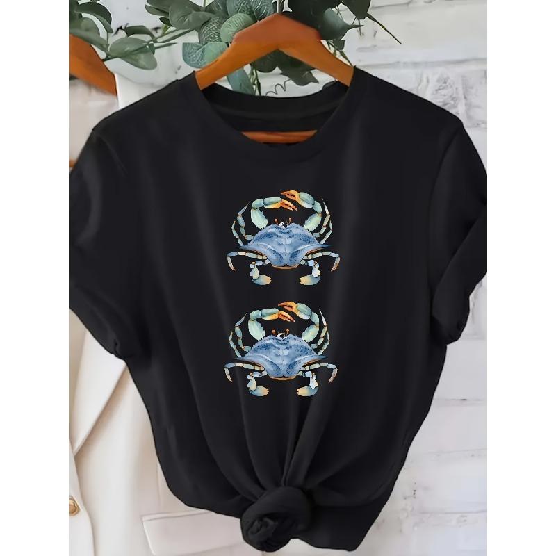 

European size 1pc Women S Crab Print T-Shirt | Comfortable Casual Short Sleeve Crew Neck T-Shirt, Suitable for Daily Wear and Fashion Matching 4XL чорний