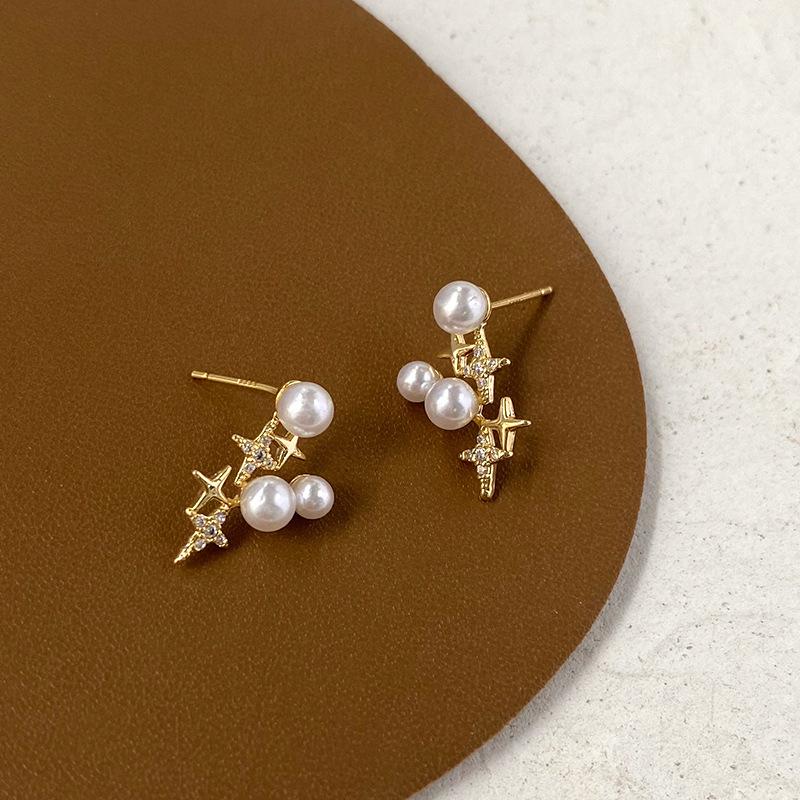 

Серьги-пусеты в корейском стиле хай-энд с жемчугом, крестом и звездой, минималистичные осенне-зимние пусеты золотой