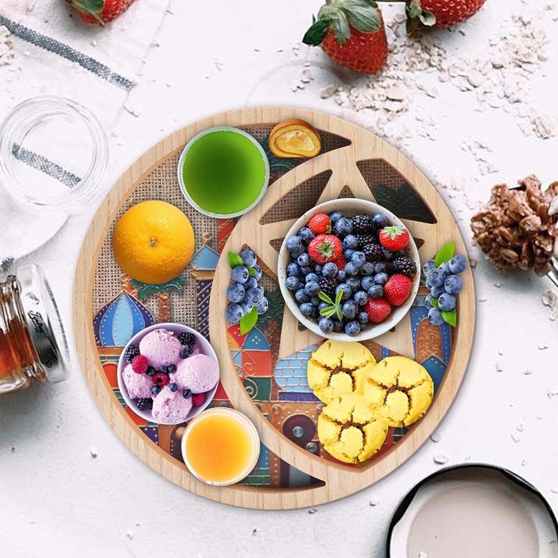 Ramadan Moon Star Serving Tray - Eid Cupcake Candy Plates Mubarak Religious Painting for Family Party Wooden Decorations