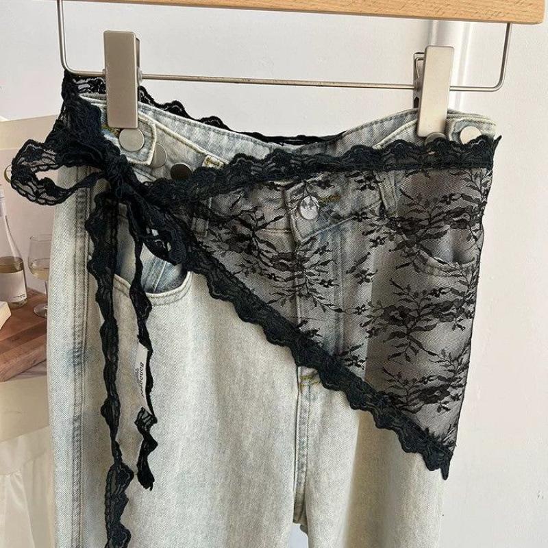 

Корейская мода весна/лето универсальный кружевной бант сращивание ремешок украшение треугольный зад занавеска фартук чёрный